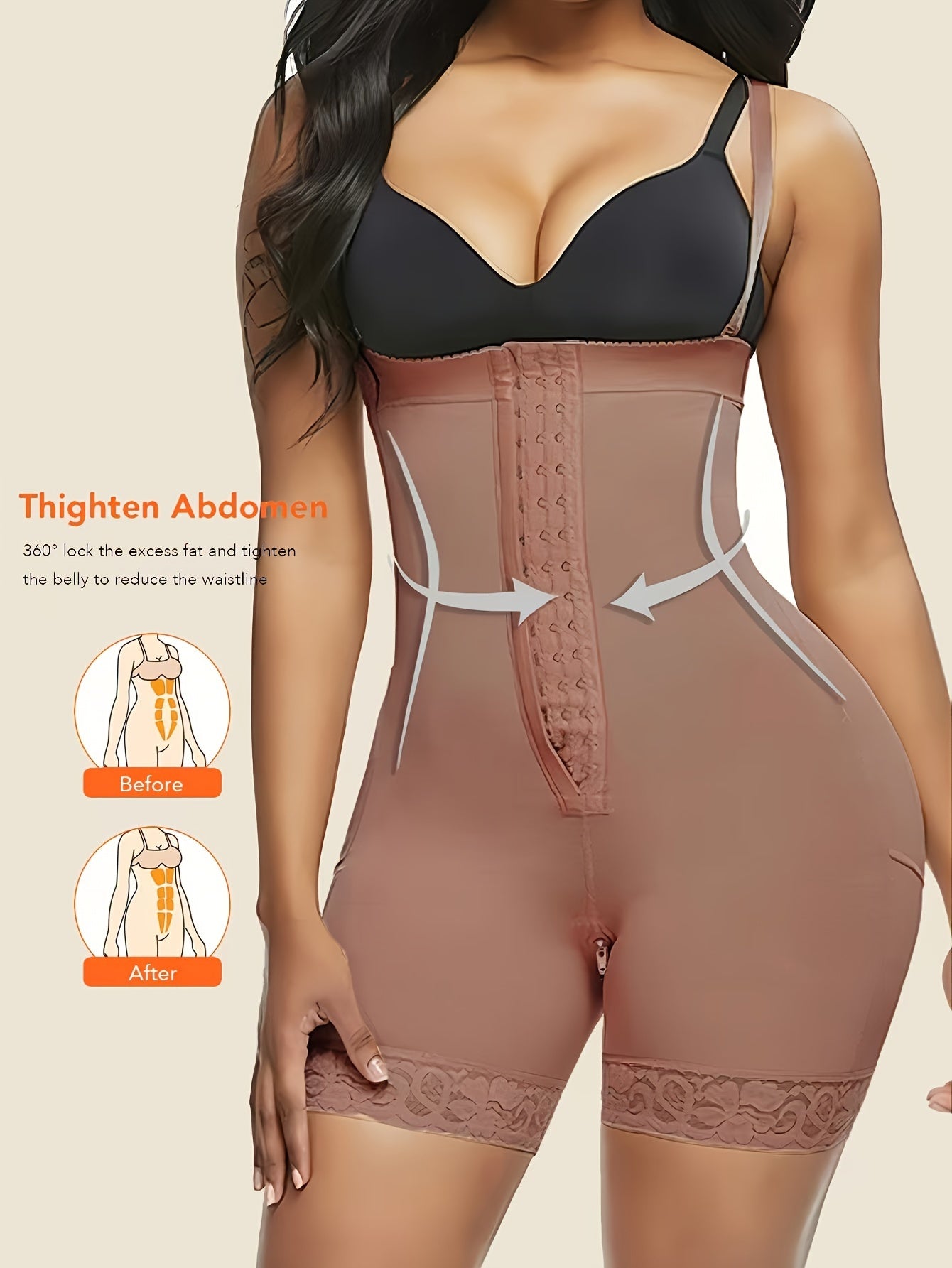 High-waist body shaper with firm control and zipper crotch. Made of polyamide knit fabric with elastane blend. Solid color with button front detail.