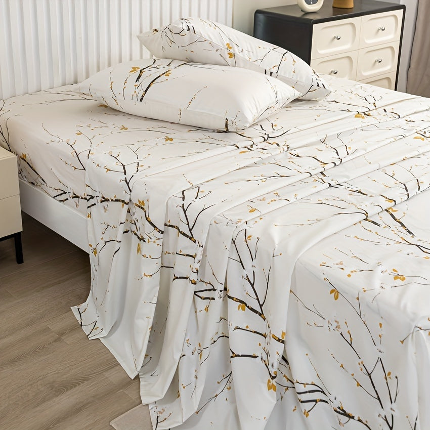 Floral Branch Fitted Sheet Set with 4 pieces, made of soft microfiber with deep pocket fitted sheet and included pillowcases. No core.