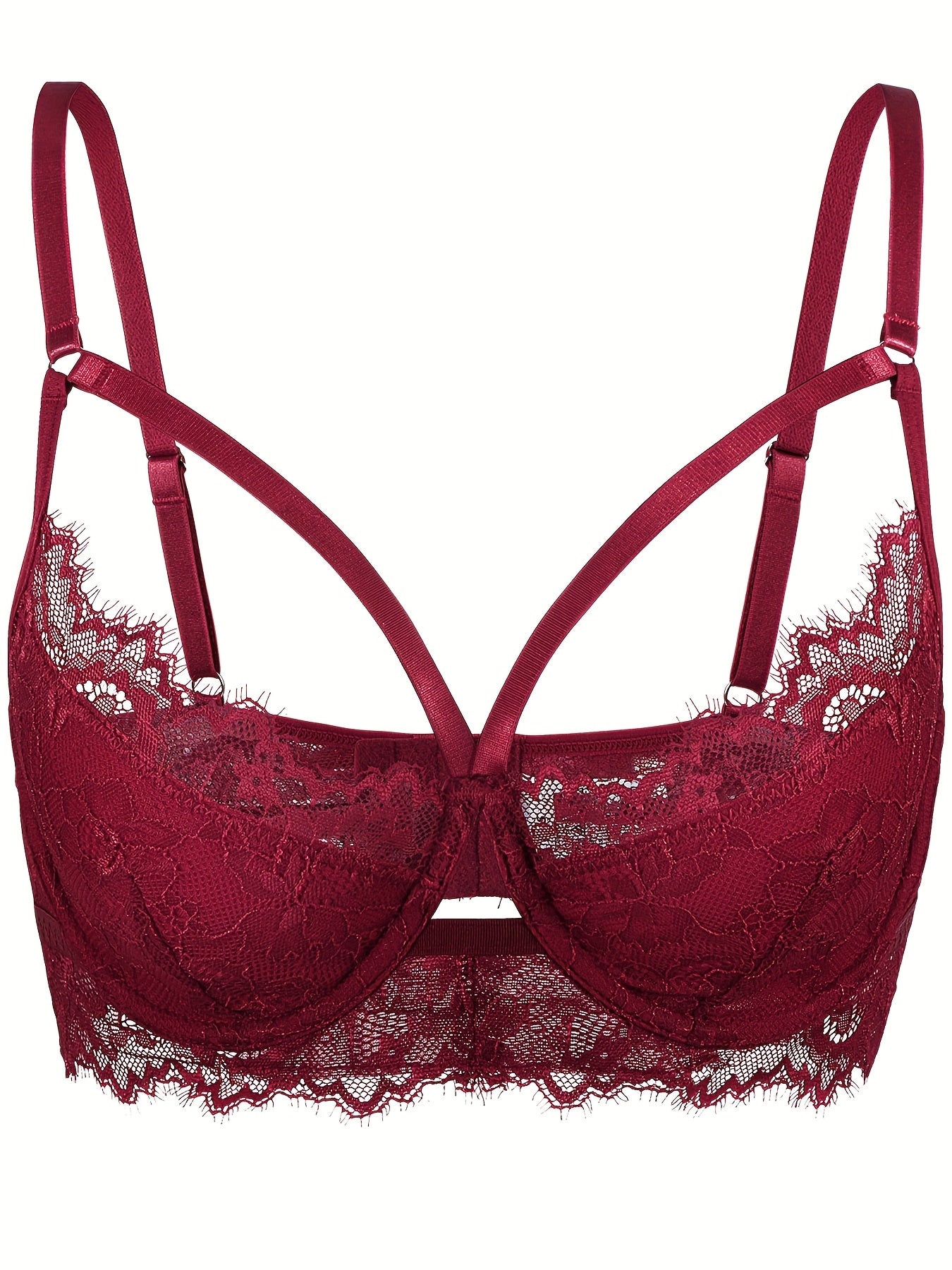 Stylish lace bra with cross strap and hollow out design for daily wear.