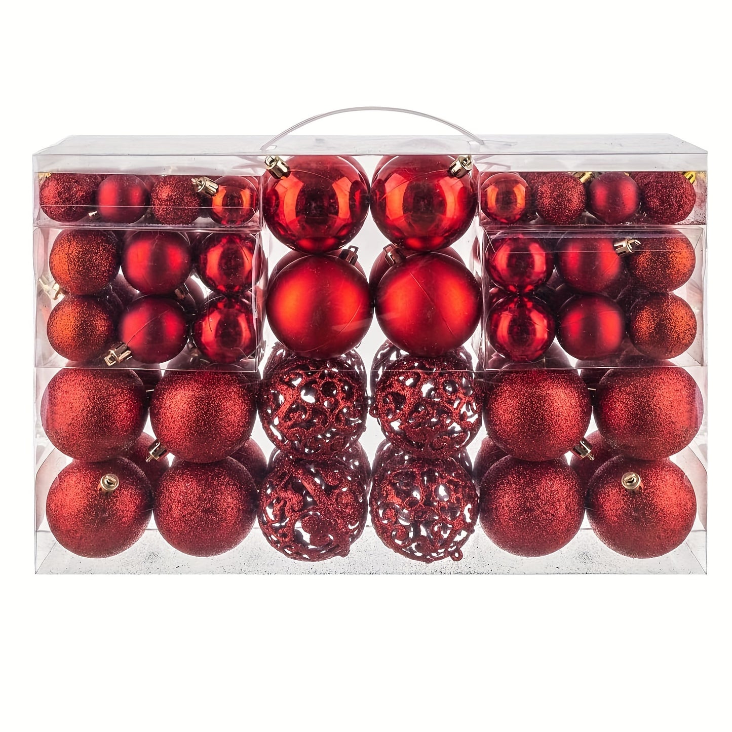 100-piece set of shatterproof plastic Christmas ball ornaments in a hand-held gift box, suitable for holiday decoration. No feathers included.