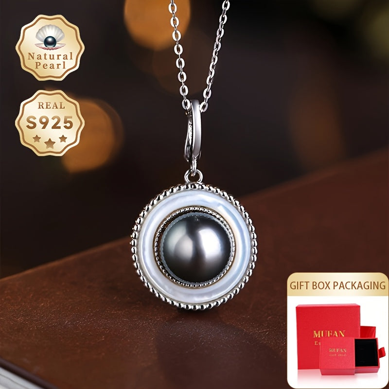 MUFAN Vintage Elegant 925 Silver Necklace featuring a 9-10mm Tahitian Black Pearl - Genuine Natural Stone, June Birthstone, Unplated - Ideal for Everyday Wear & Gifting, Suitable for All Occasions