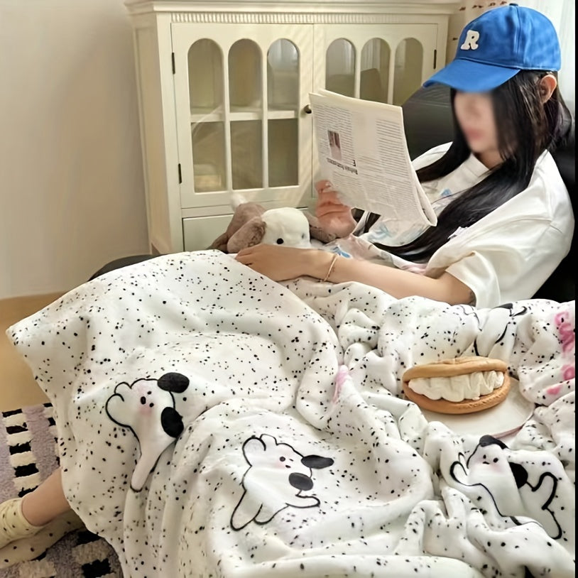 Soft fleece throw blanket featuring a cute bear and puppy print. Made with ultra-soft digital print polyester that is suitable for all seasons. Lightweight and machine washable, perfect for use on the sofa, bed, or for an office nap. Contemporary style