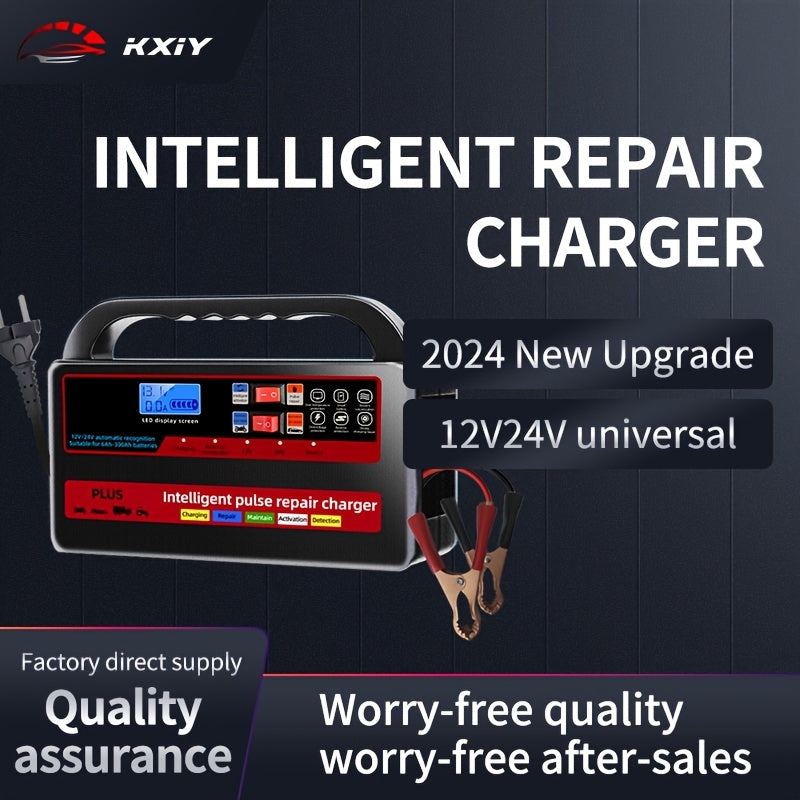 Kxiy 12V 24V car battery charger with digital display, automatic, high power, auto repair function, quick charge adapter, 220-240V AC power, EU plug.