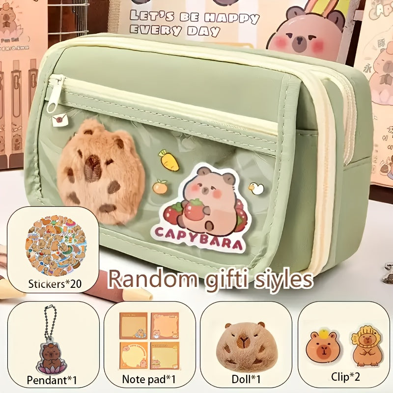 6-piece Capybara pencil case set with zipper, includes canvas bag, transparent storage box with compartment, doll, stickers, clips, and notepad.