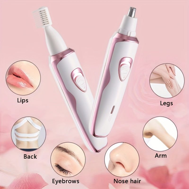 Women's electric razor kit with 4 functions: face, nose, legs, and bikini area shaving. USB rechargeable, painless design, suitable for wet/dry use. Portable with 500mAh lithium battery.