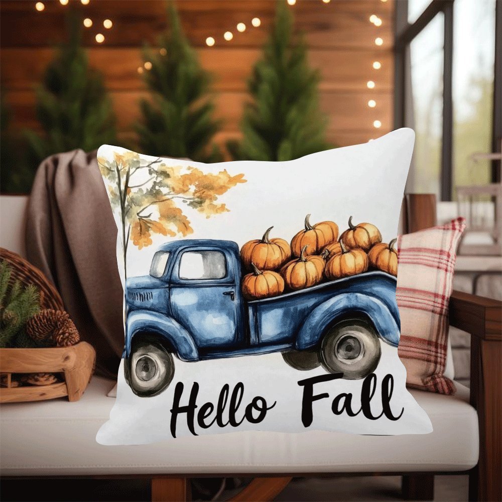 Modern Flannel Pillow Cover, 45.72X45.72 cm, Blue Truck and Pumpkin Design, Zipper Closure, Machine Washable, All-Season Comfort for Back Sleepers - Decorative Cushion Case for Home, Bedroom, Camping (1pc, Insert Not Included)