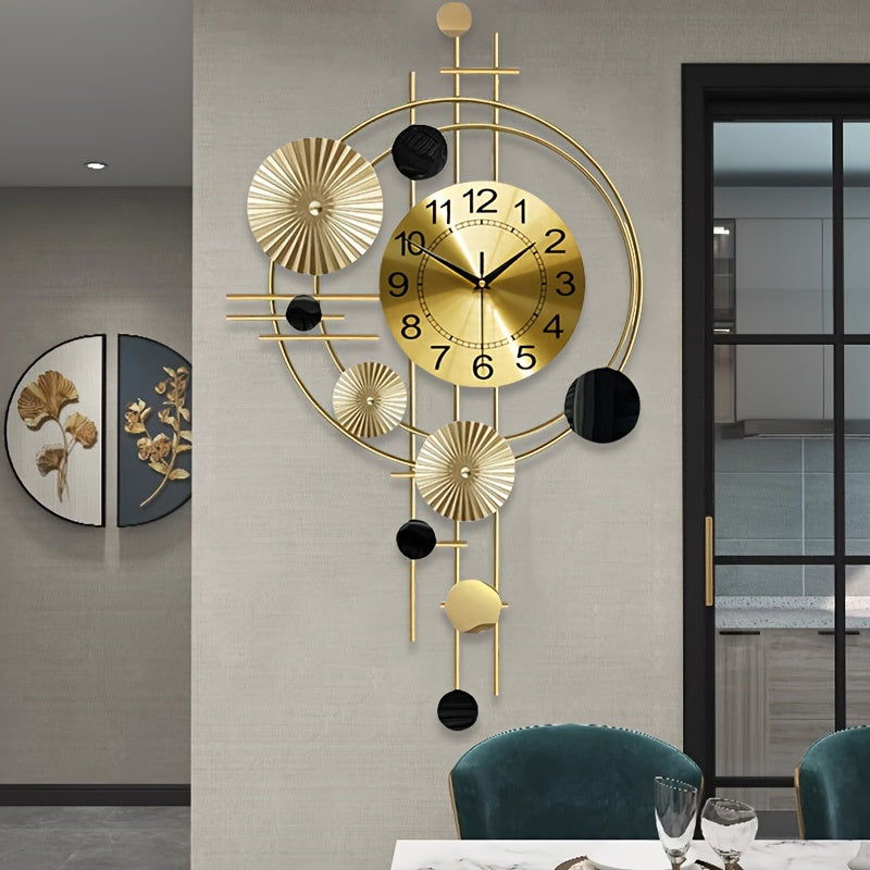 Contemporary Nordic-style wall clock with geometric design, large numbers, and digital display. Battery-powered and perfect for home decor. Iron construction.