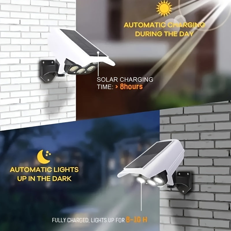 Solar-powered street light with motion sensor, dummy camera, and simulated surveillance; 77 LED lights; human body sensor; outdoor wall mount