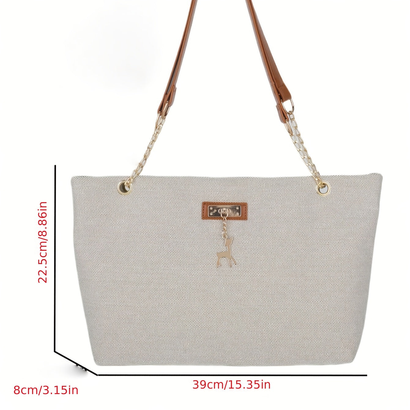 Polyester tote bag for women with deer charm, adjustable strap, zipper closure, painted edges, and messenger bag style.