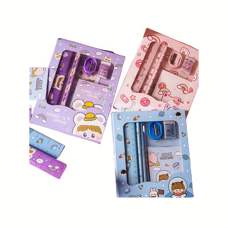 6-piece Cartoon Stationery Set with Wooden Pencil, Eraser, Ruler, Sharpener, and Tote Bag, Assorted Designs for Students and Gifts