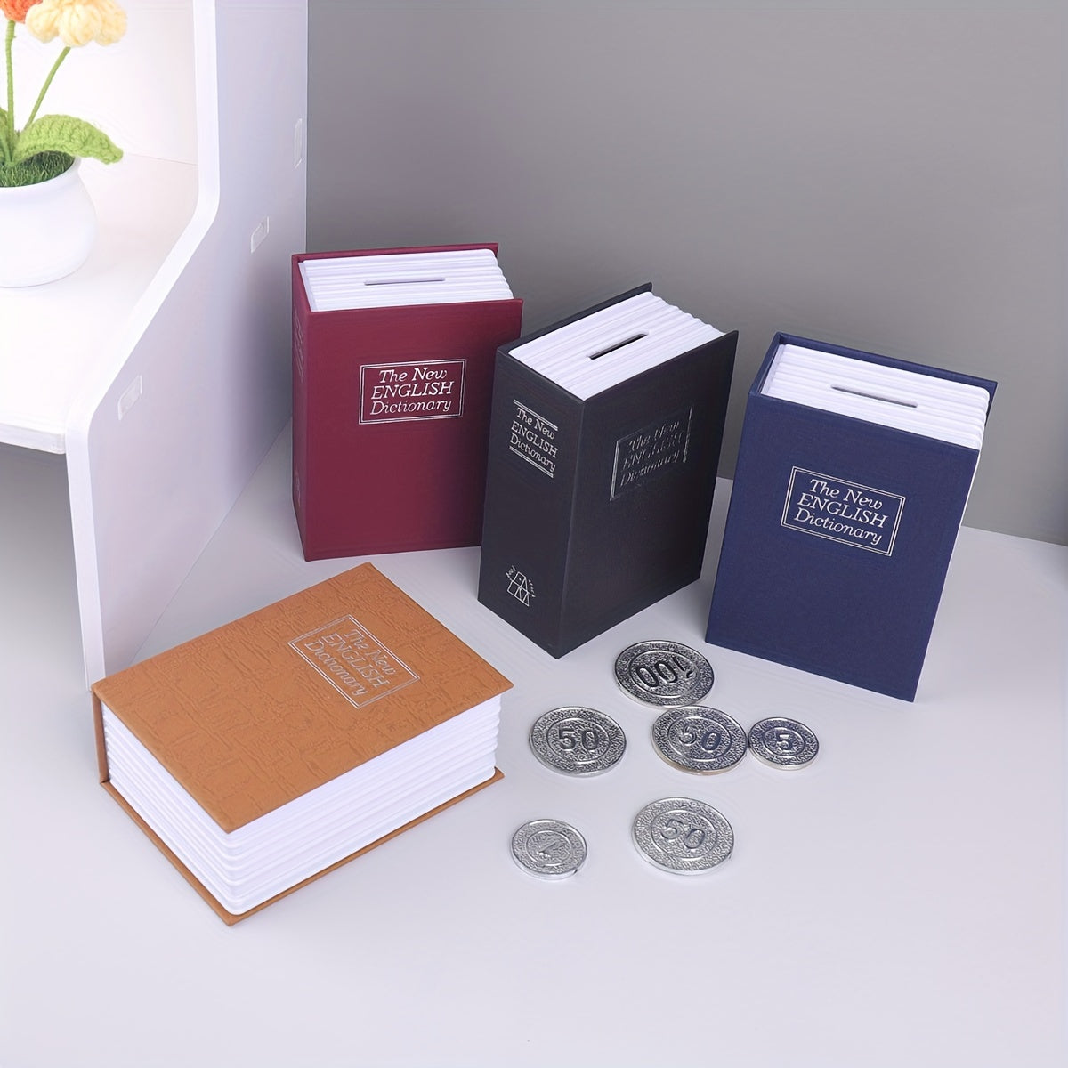 Beautiful dictionary-shaped cash box with lock for creative money storage and home decoration