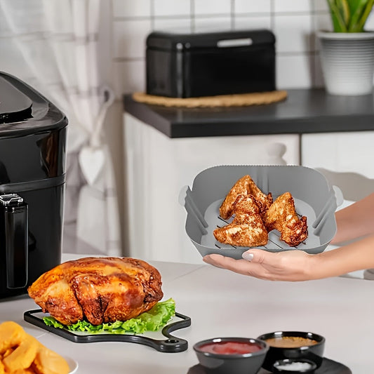 Two-piece set of reusable silicone air fryer liners for healthy cooking, featuring non-stick properties for easy baking.