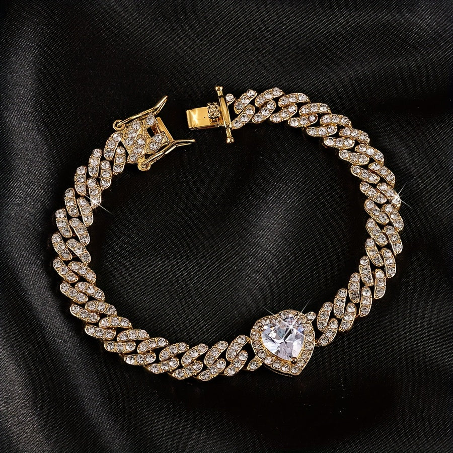 Elevate your style with this 8-inch Elegant Hip-Hop Cuban Chain Bracelet featuring a Rhinestone Heart Charm and Synthetic Gemstone Accents. Perfect for both men and women, this luxurious piece of jewelry is a fashionable choice for everyday wear or as a