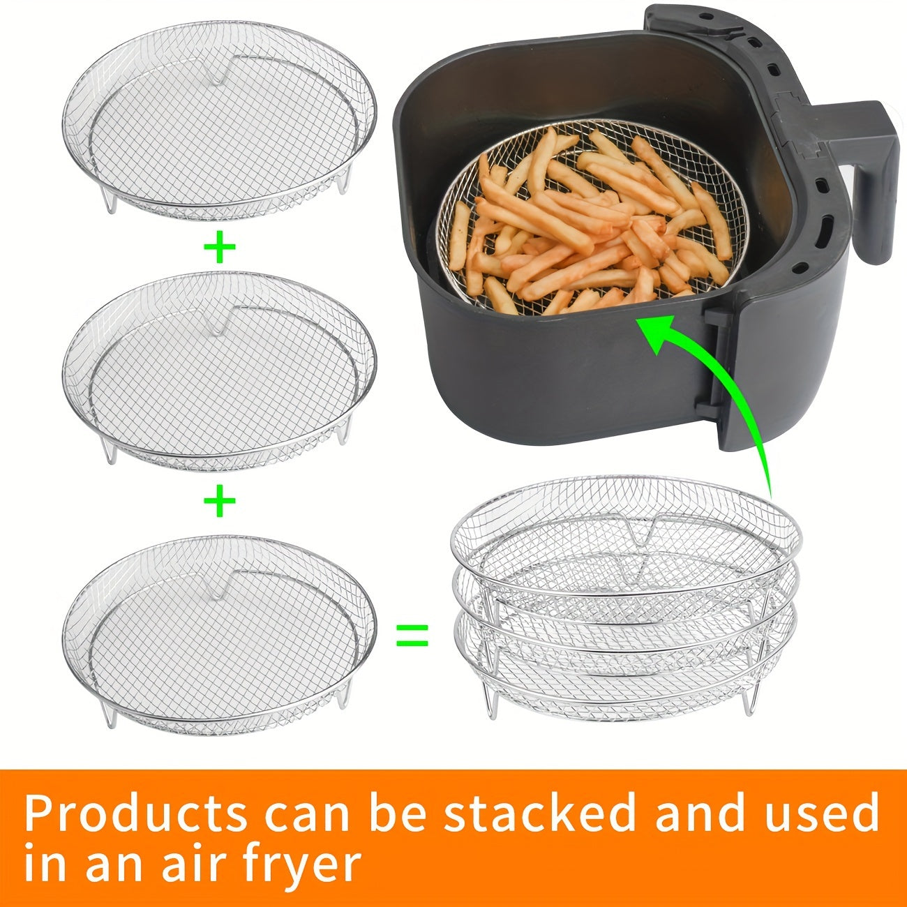 Accessory set for a 3-in-1 Air Fryer featuring a versatile stainless steel stacking rack, dehydrator, air fryer baking rack, barbecue net, fruit and vegetable fryer accessories, and a baking rack.