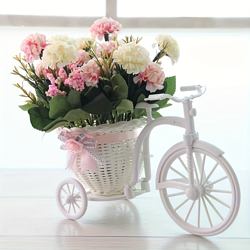 Stylish artificial flower pot on rattan cart for living room decor and supermarket displays.