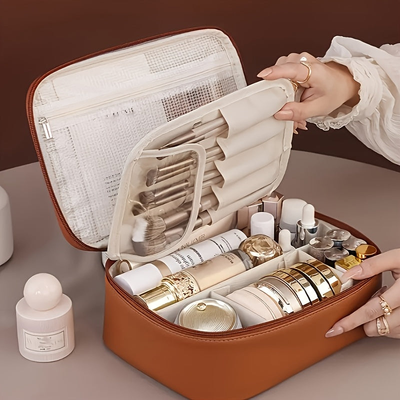 Large capacity detachable cosmetic bag with multiple layers and brush storage, suitable for both men and women.