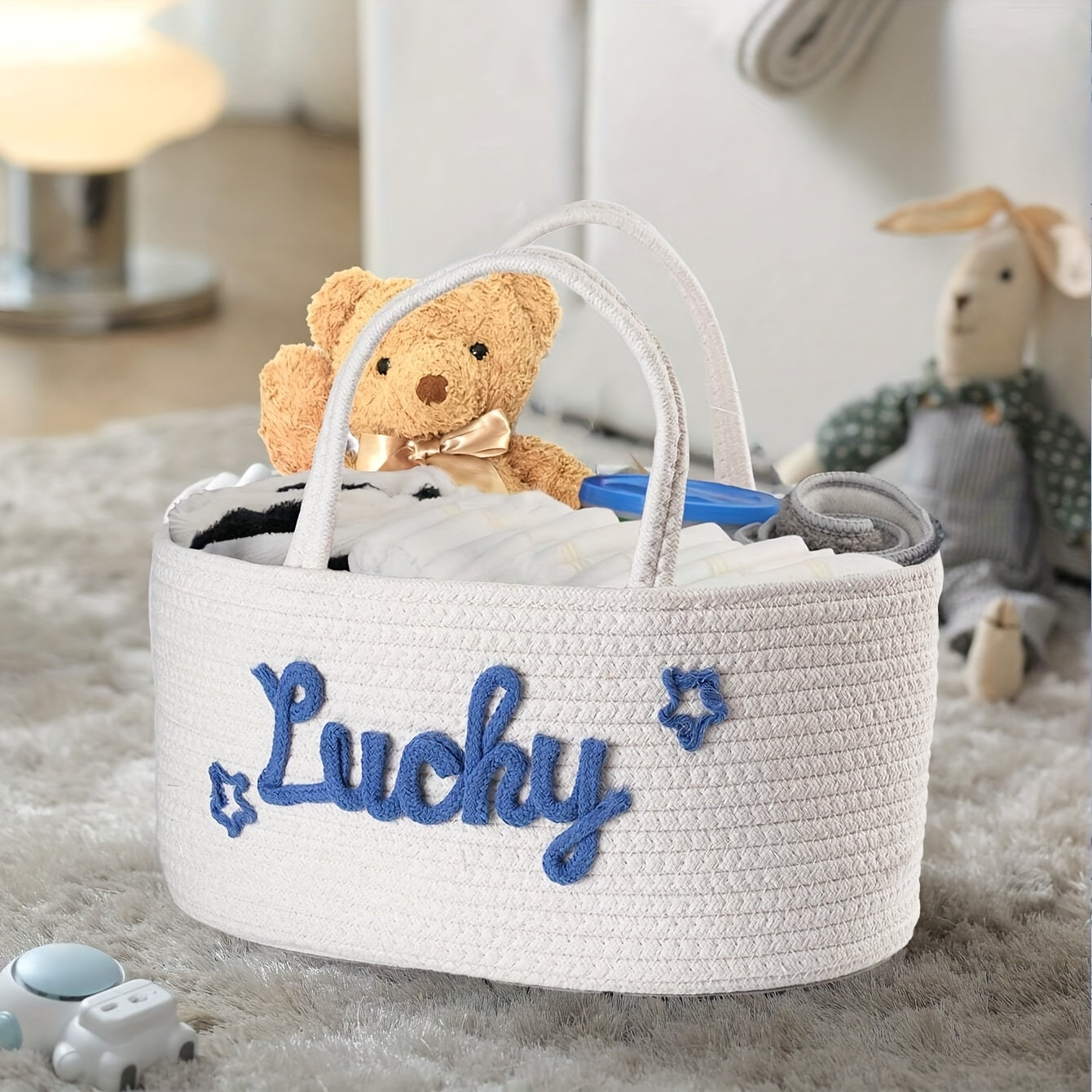 Storage basket made of cotton rope with lettered design, featuring a detachable inner basket for separating dry and wet items. Can be used as a hand-held storage solution.