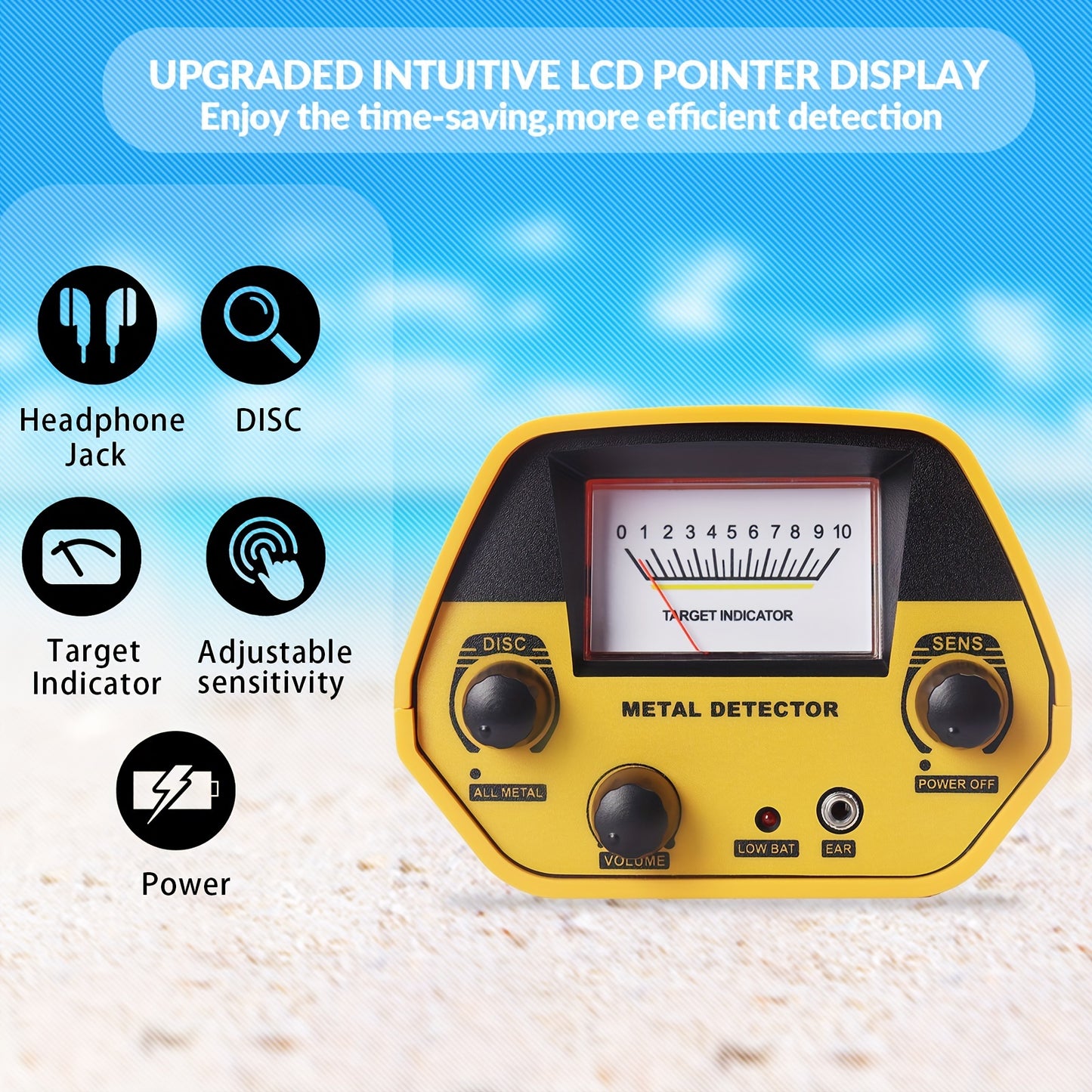 Compact metal detector with high sensitivity and a 20.32cm coil, adjustable power and target identification. Ideal for beach treasure hunting, requires batteries (not included).