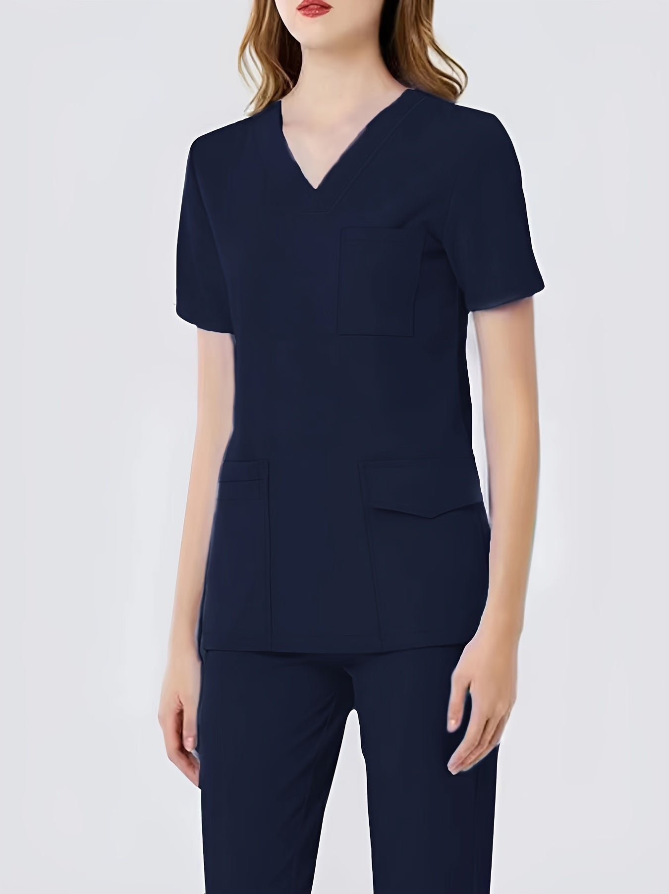 Women's Health Care Uniform Set: Cozy V-neck Top with Pockets and Solid Pants