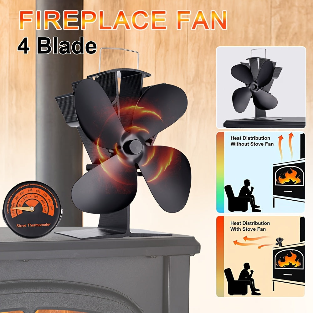 Aluminum Fireplace Fan with 4 Blades for Efficient Heat Distribution – High-Speed Polished Finish Blower for Traditional, Gas, and Particle Furnaces. Suitable for Camping, Picnicking, and Wood Burning Stoves/Fireplaces, Includes Multiple Exhausting