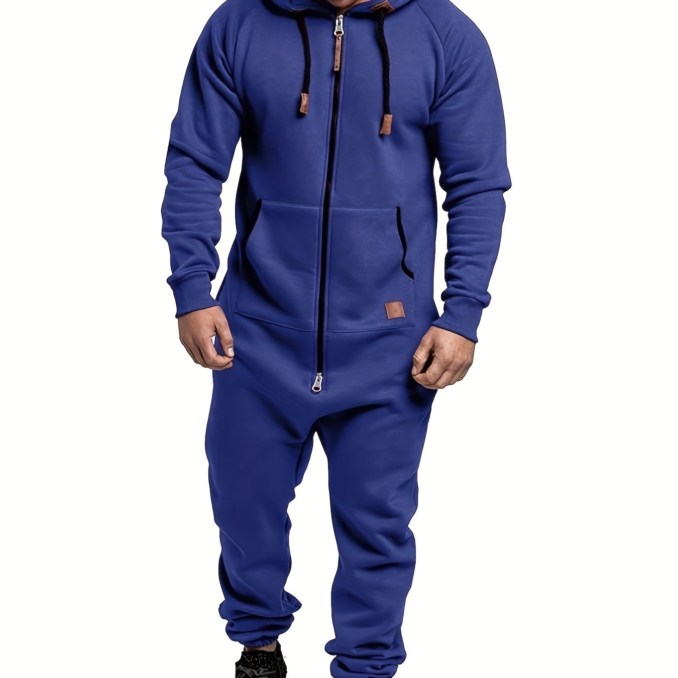 Men's Winter Pajama Jumpsuit - Solid color, long sleeved knit fabric, 100% polyester, hooded collar, with pockets and slight stretch. Comfortable lounge wear.