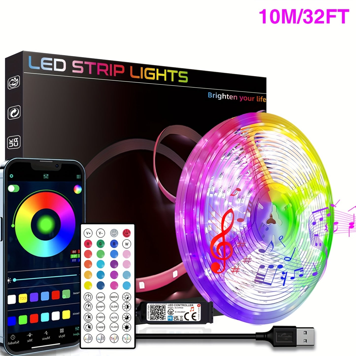 HBOWMDJIA Smart LED Strip Lights: 91.44cm-30.48m, Color Changing & Music Sync, App Control & Remote, USB Powered, Bedroom Ambiance & Party Decor.