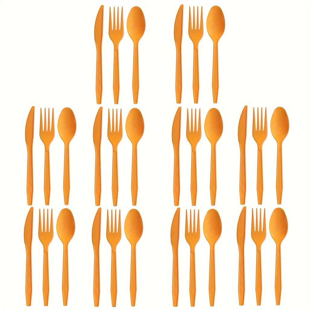 Set of 3 colored disposable plastic tableware pieces for weddings, birthday parties, and cake servings. Includes knives, forks, and spoons (30 pieces total).