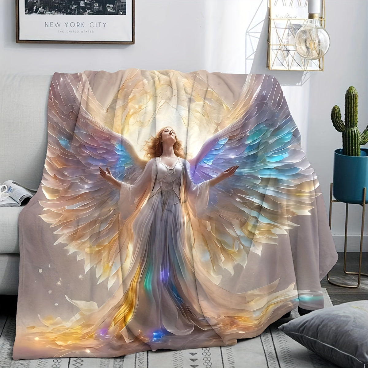 Stay cozy with our 3D printed angel flannel blanket! This soft and warm polyester throw is perfect for all seasons and is allergen-free. Featuring a vintage style with a knitted design, this blanket is handwash only and weighs 200-250g. It comes in mixed