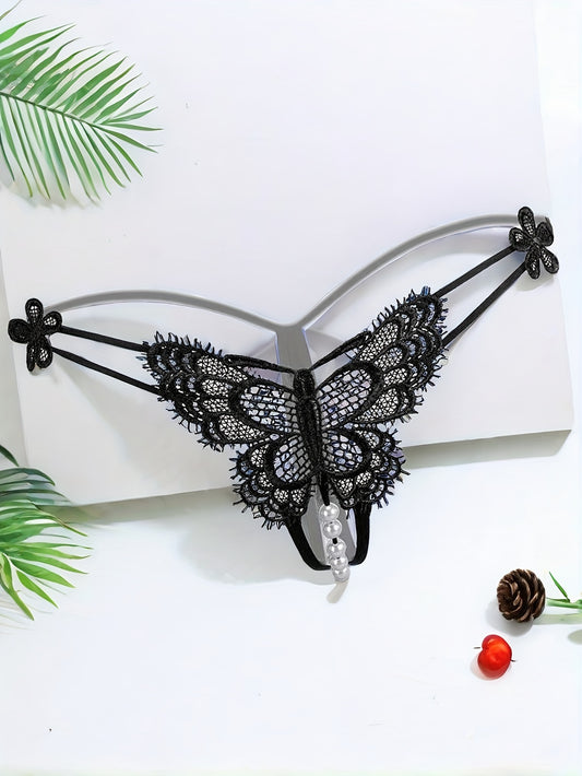 Butterfly beads open-crotch thong for women, seductive and transparent.