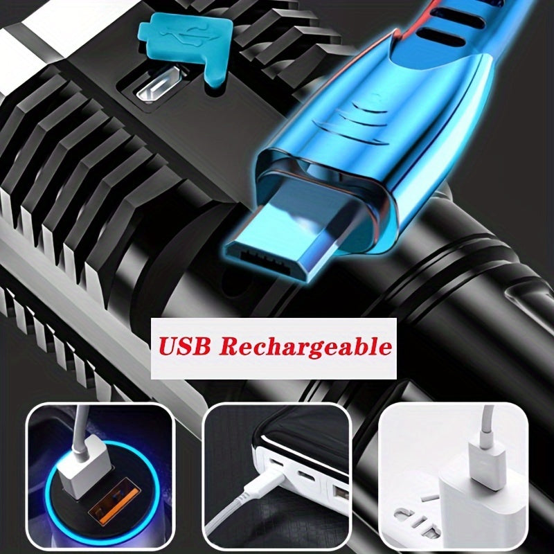 Rechargeable LED flashlight with 400mAh battery, USB powered, includes COB side light, not waterproof, includes USB cable - ideal for outdoor use.