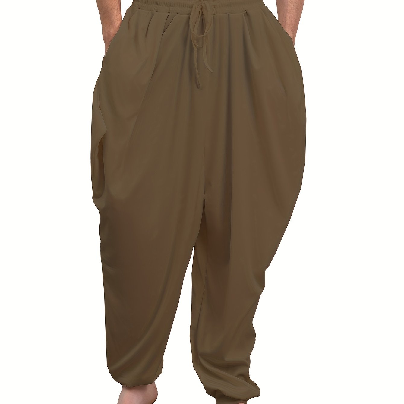 Adult harem pants in 100% polyester knit fabric, medium stretch, solid color, loose fit with drawstring, suitable for all-season weekend wear, available in plus size.