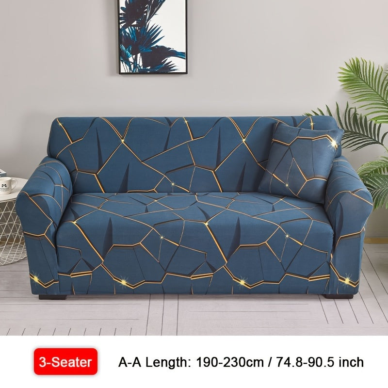 Modern geometric print sofa cover with golden accents, made of anti-dirty spandex blend. Fits 1/2/3/4-seater, L-shaped, and chaise lounges. Machine washable and perfect for living room decor.