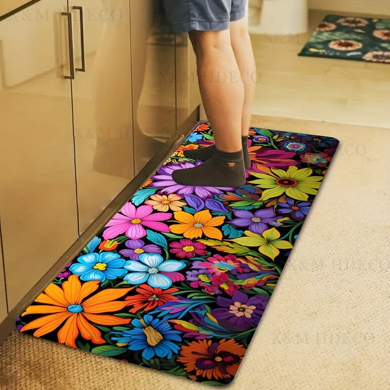 This Vibrant Floral Kitchen Mat is 1 piece, measuring 0.8mm thick. It is soft and thickened, making it perfect for use in the laundry room, bathroom, living room, or bedroom. The mat features a colorful flowers design and is made of 100% polyester. It is