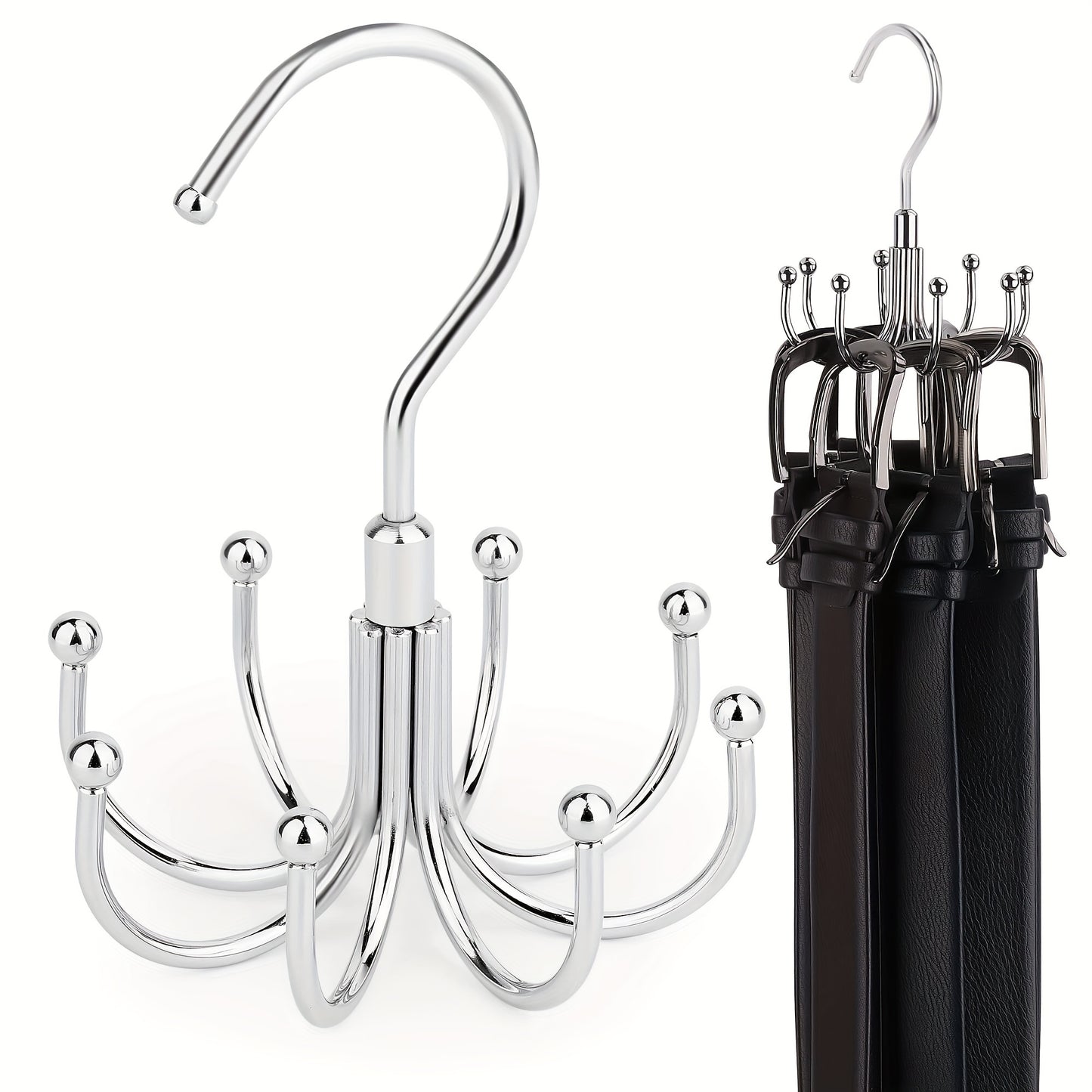 Large capacity belt storage hanger with rotating hooks for ties, bras, socks, underwear, and vest. Made of stainless steel, suitable for bedroom, bathroom, closet, or wardrobe organization.