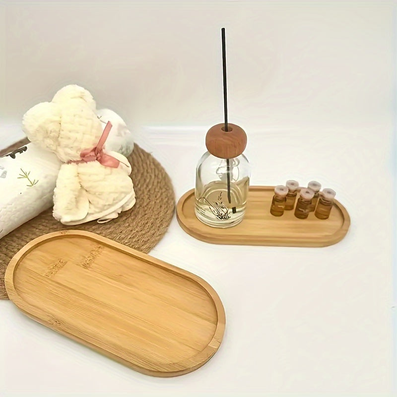 Multi-functional bamboo tray for organizing jewelry, bathroom items, or serving food on countertops.