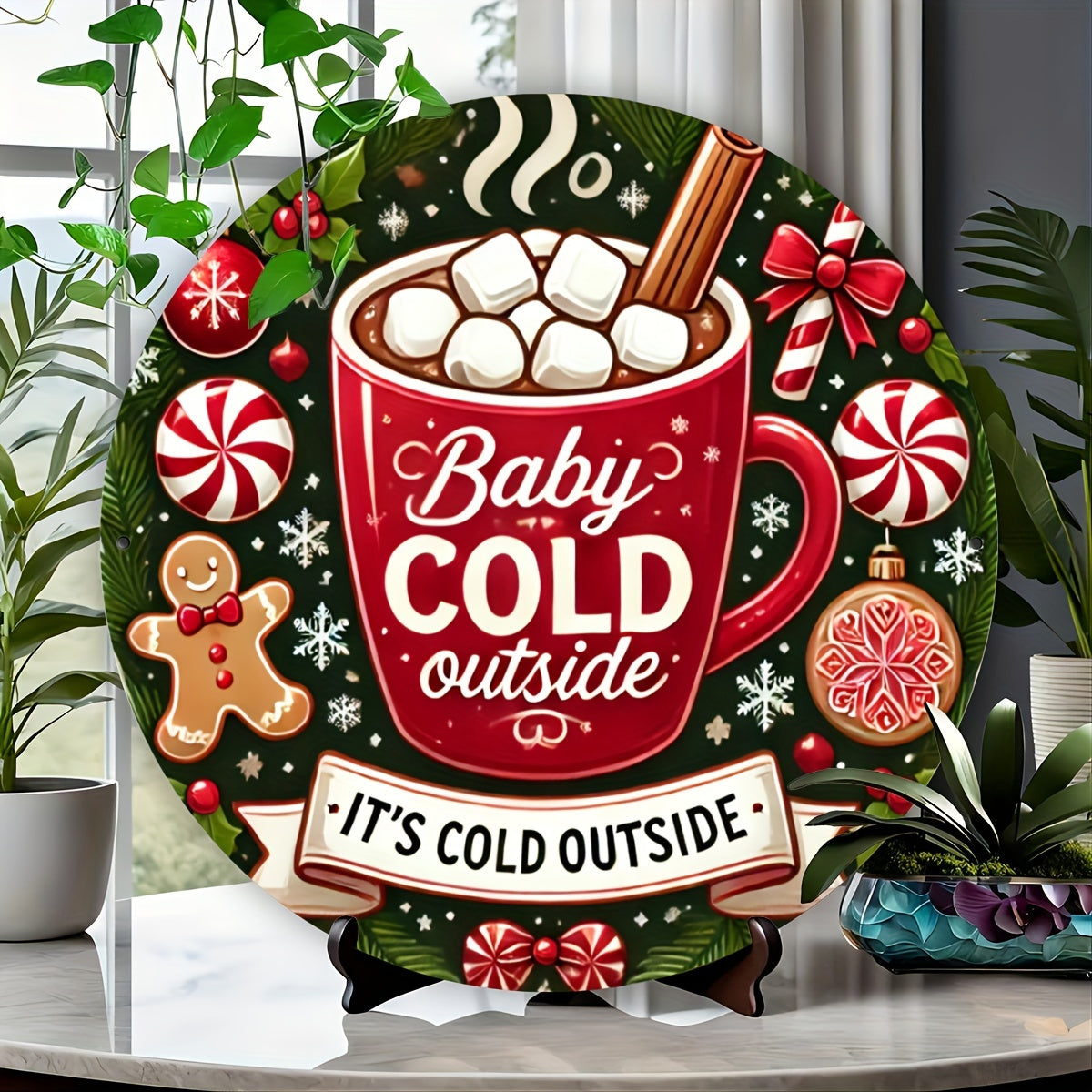 1 piece of 8x8 inch (20x20cm) round tin sign featuring a charming gingerbread baby design with the phrase "Baby It's Cold Outside." This metal sign is perfect for adding a festive touch to your home, cafe, or bar decor. It also makes a unique and