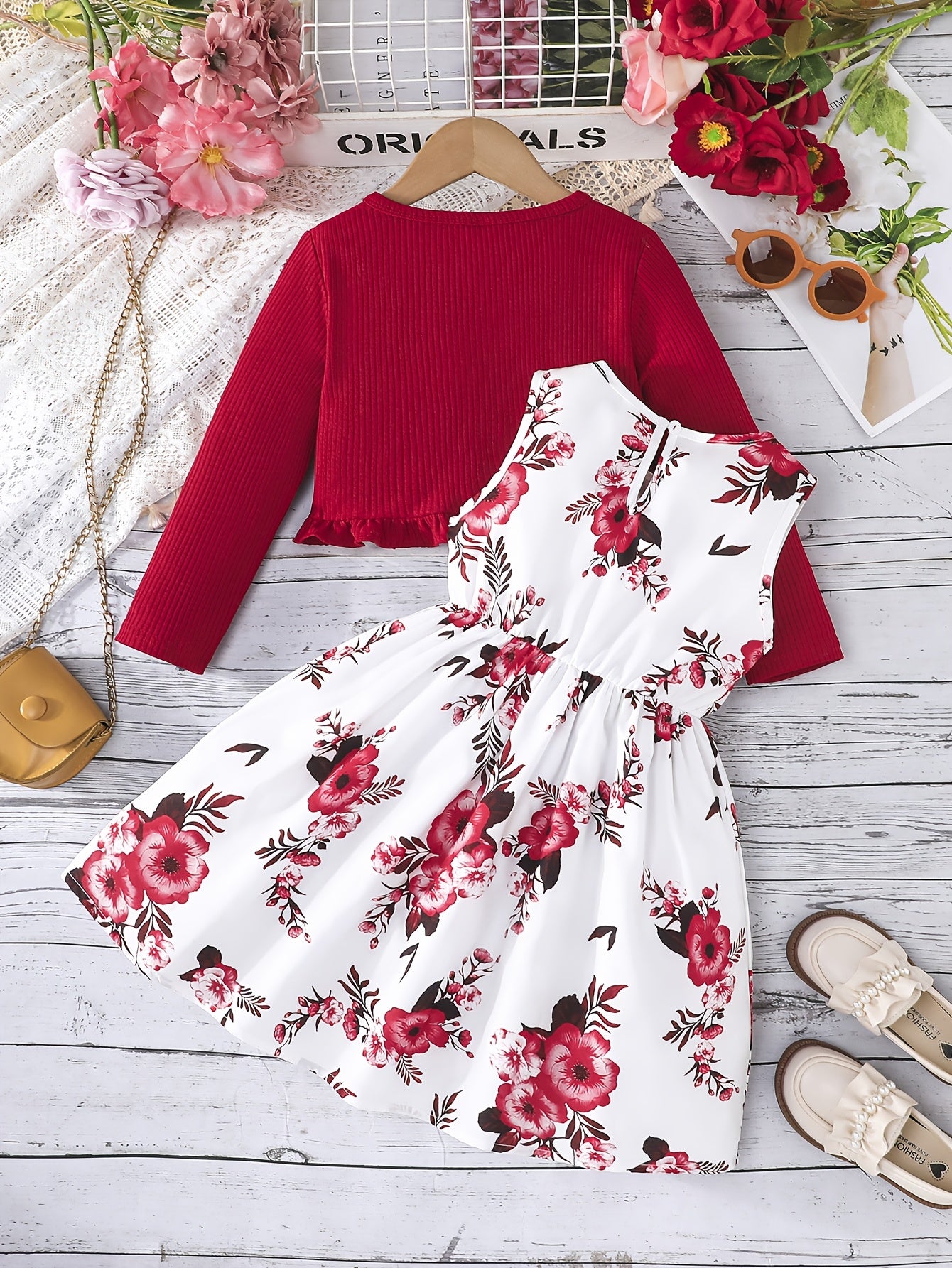 Girl's 2-piece outfit: Sundress with bow and floral pattern + Ruffle cardigan top. Casual wear for spring/fall, perfect for outdoor activities.