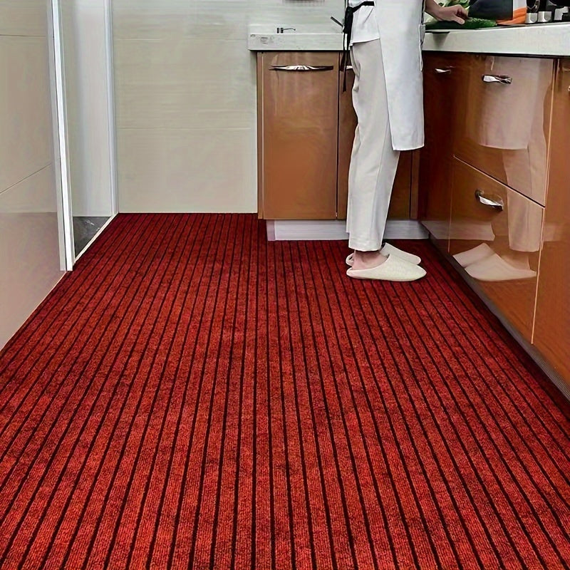 Non-Slip 7-Stripes Carpet with Waterproof and Stain-Resistant Features, Machine-Made with Hand-Wash Only Instructions. Crafted from a Polyester Blend with Medium Pile for Home Decor use in Kitchen, Bathroom, Bedroom, and Office. Backed with Polypropylene