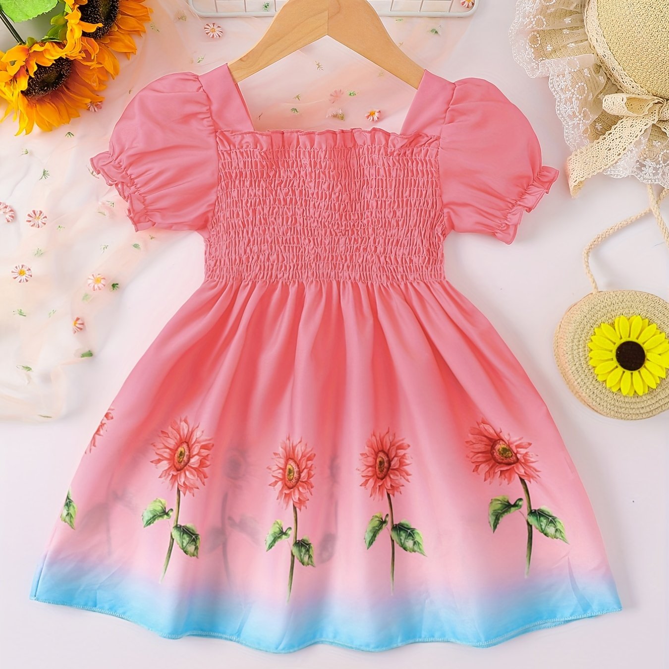 Girls Ombre Sunflower Pattern Princess Dress for Kids Casual Summer 4th Of July.