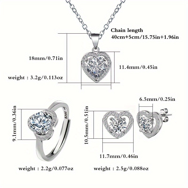 Luxurious 925 Sterling Silver Heart-Shaped Jewelry Set with Synthetic Zirconia Encrusted, Timeless Design, Perfect for March Birthstone, Ideal for Wedding or Valentine's Day Gift. Includes Necklace, Earrings, and Ring.