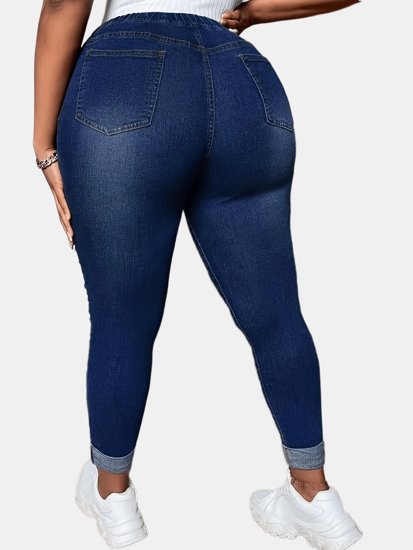 Womens' Plus Size High Waist Denim Jeans, Stretchy Cotton Blend, Solid Color, Long Skinny Fit, with Drawstring Waist and Cuffed Hem, All Season Wear