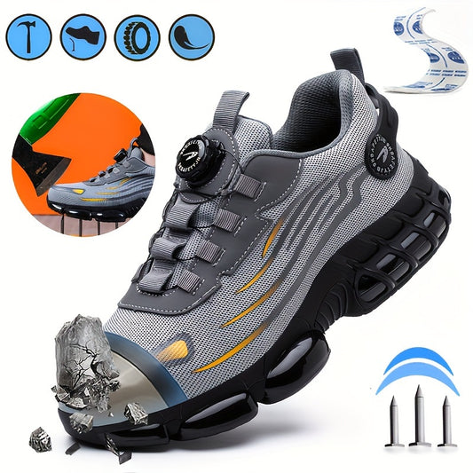 Men's steel toe safety sneakers with anti-puncture, impact resistance, knit fabric, rubber sole for work and casual use.