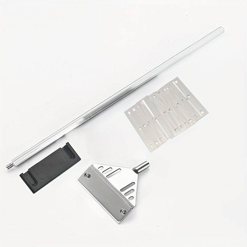 Algae scraper set for glass aquariums includes brush and net, made of durable stainless steel/aluminum alloy in various sizes.