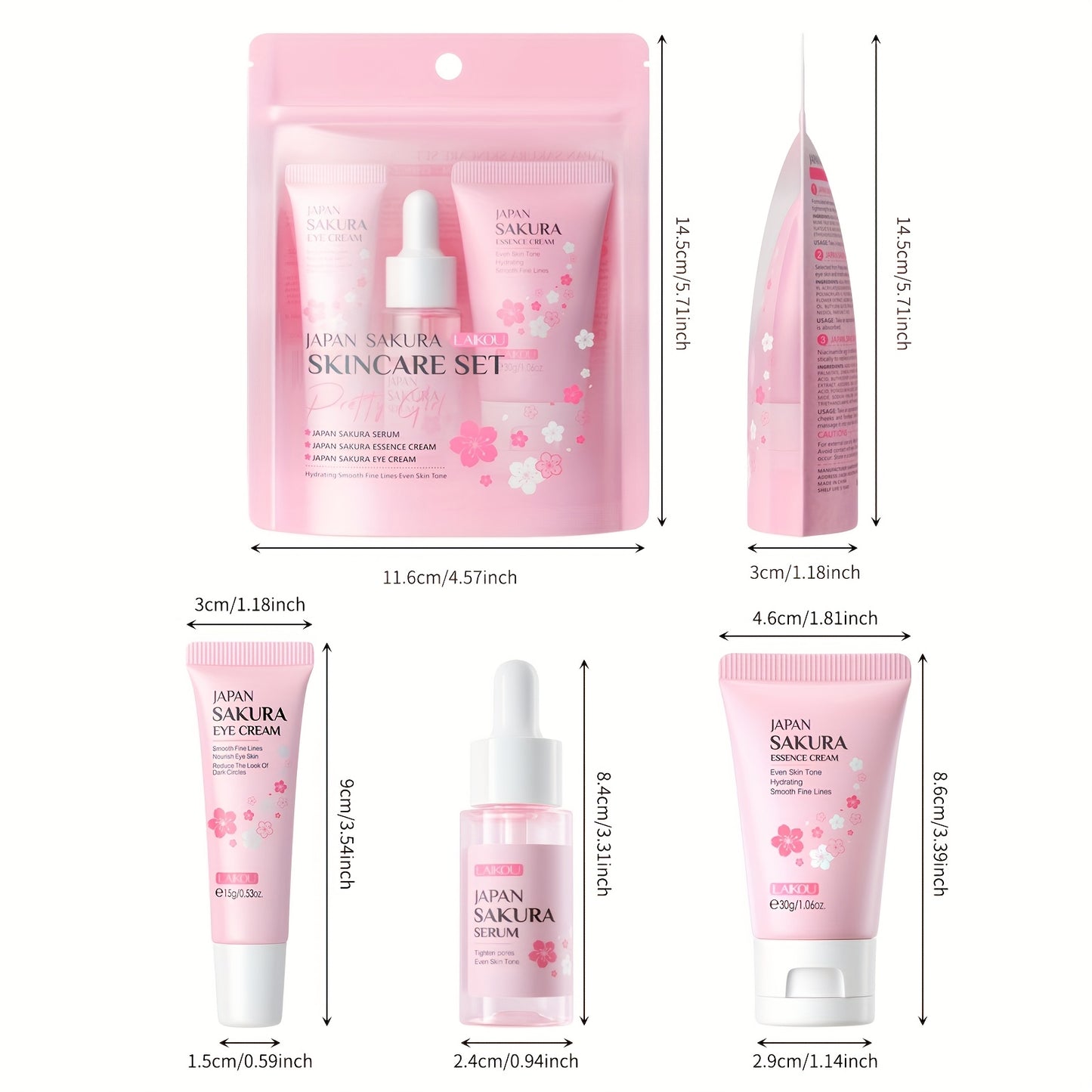 LAIKOU Japanese Cherry Blossom Skin Care Set includes Serum, Liquid Eye Cream, and Face Cream. Perfect as a skincare gift set.