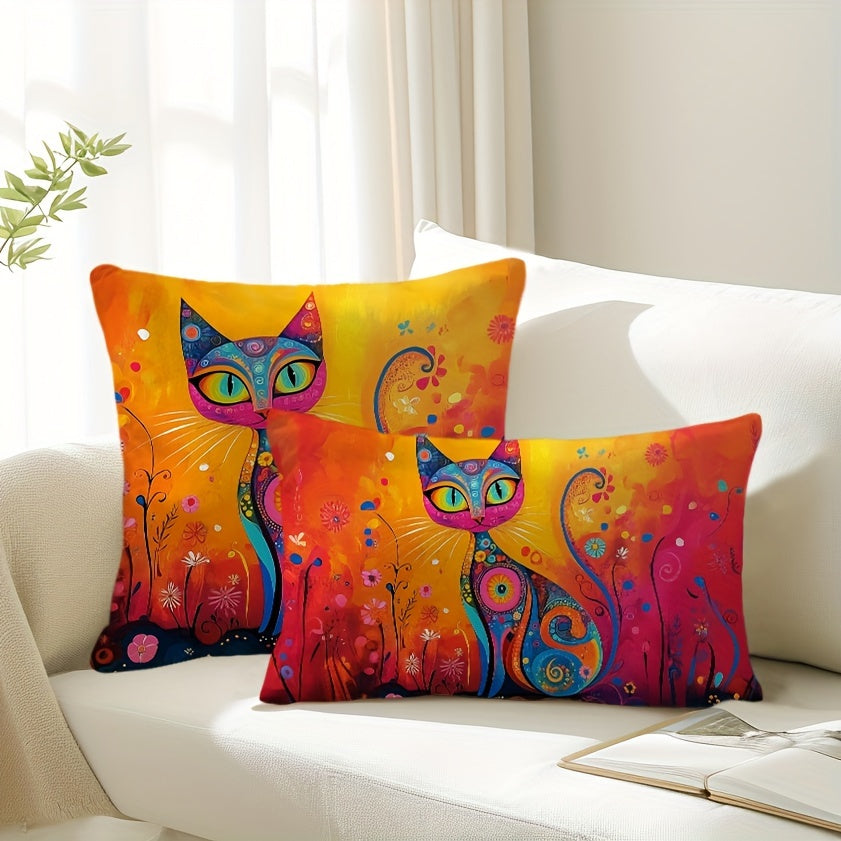 Folk art style black cat throw pillow cover with sun and flowers design. Made of 100% polyester, hand wash only. Features zipper closure, suitable for couch, sofa, living room, bedroom. Available in two sizes: 29.97cm X 50.04cm and 44.96cm X 44.96cm.