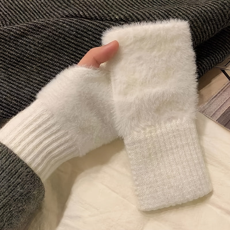 Soft and stylish solid color fingerless gloves made from plush splicing knit material, featuring a thumb hole for added versatility. Keep your hands warm and cozy in the autumn and winter with these coldproof writing gloves.