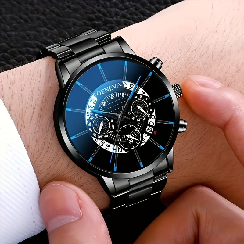 Men's Simple Casual Black Stainless Steel Strap Quartz Watch, featuring a Round Zinc Alloy Case with Pointer Display and Electronic Drive. This watch is non-waterproof and is the perfect gift for Valentine's Day, Easter, or Eid Al-Adha. It offers a