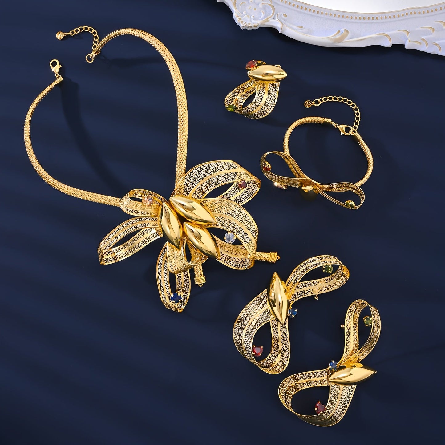 MEIZ 18K Golden Plated Jewelry Set for Women features an Exaggerated Floral Design, making it the perfect African Bride Wedding Gift. With a Retro Sexy Style and Synthetic Cubic Zirconia Accents, this set is sure to make a statement. Made with a Copper