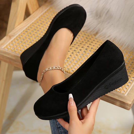 Vintage style women's D'Orsay shoes with solid black fabric upper, rubber sole, mid platform heel, all-season comfort, all-weather grip, polyurethane insole and inner material, available in