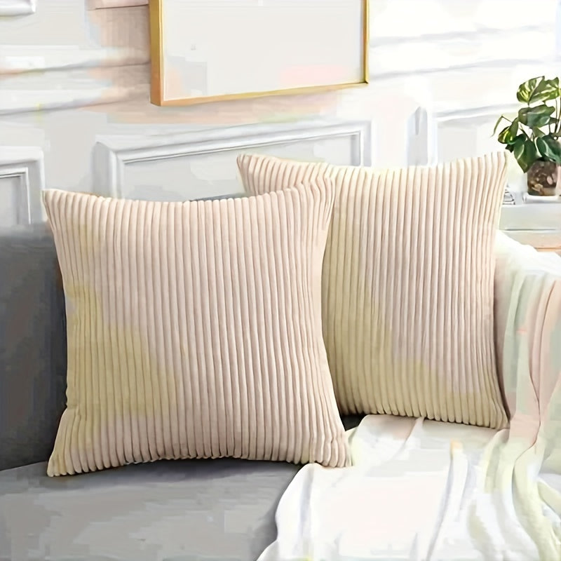 Stylish soft corduroy throw pillow covers in a striped square pattern for living room, bedroom, or sofa decor. Features double-sided printing and fits 45.72cm pillows. Set of 2, pillow inserts not included.